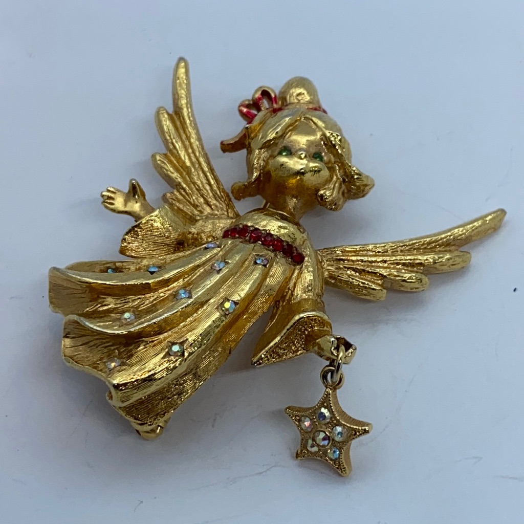 Sweet Vintage Angel Dangle Star Brooch Pin
